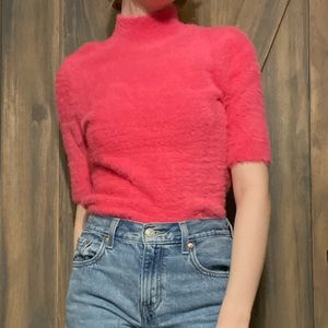 Fuzzy Pink Short Sleeve Turtleneck Sweater